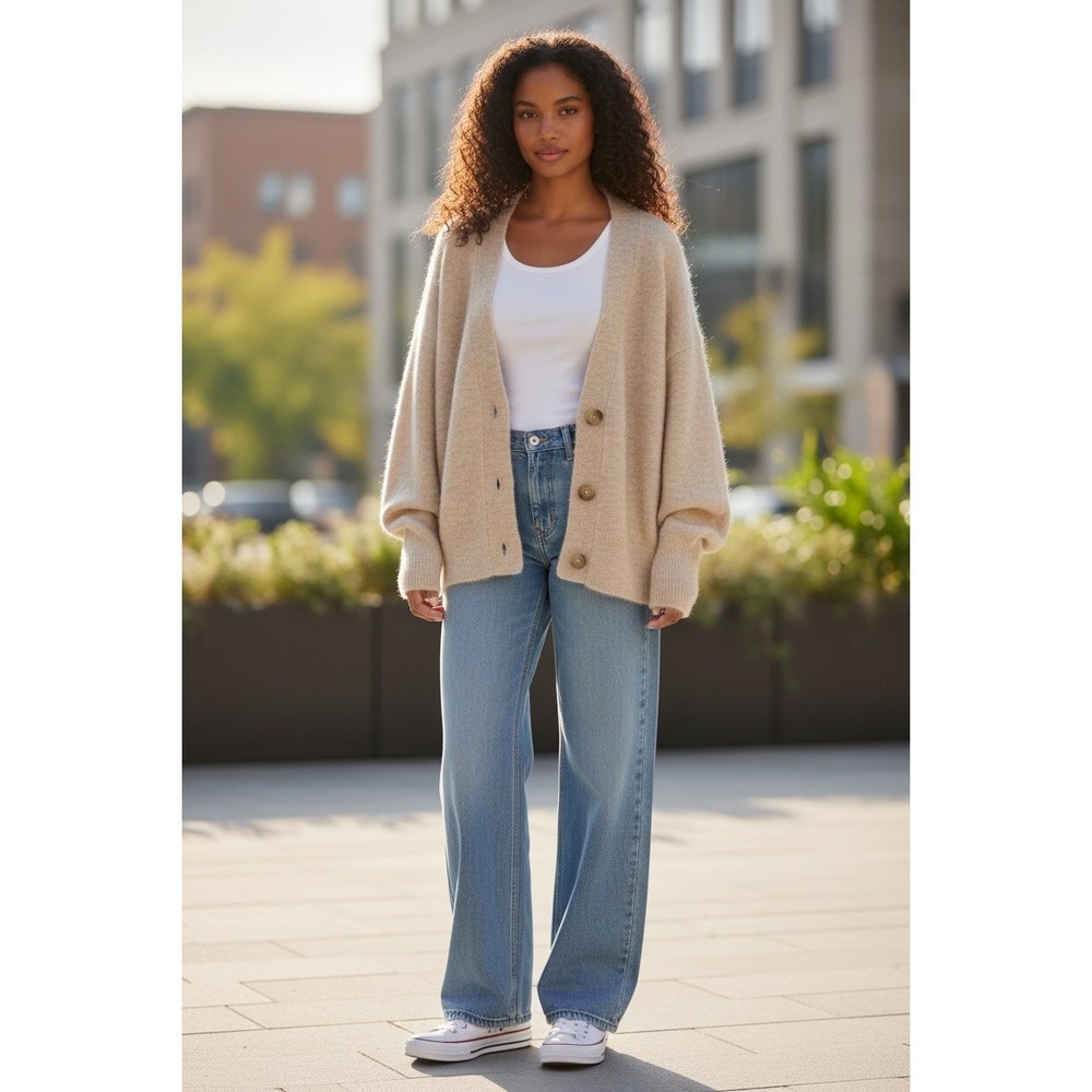 & Other Stories Cardigan L Beige Lagenlook, Bohemian Slouchy Coastal Minimalist